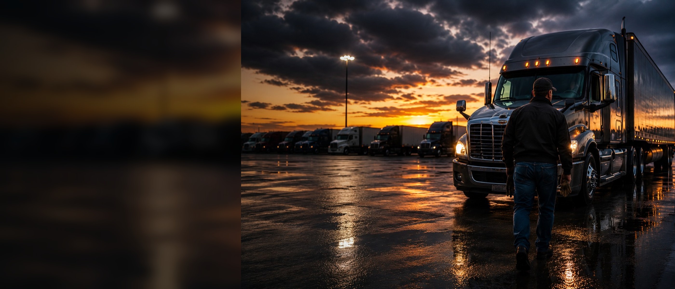 Milad Yousif CDL driver recruiting with a driver walking toward a truck at sunset in a fleet yard
