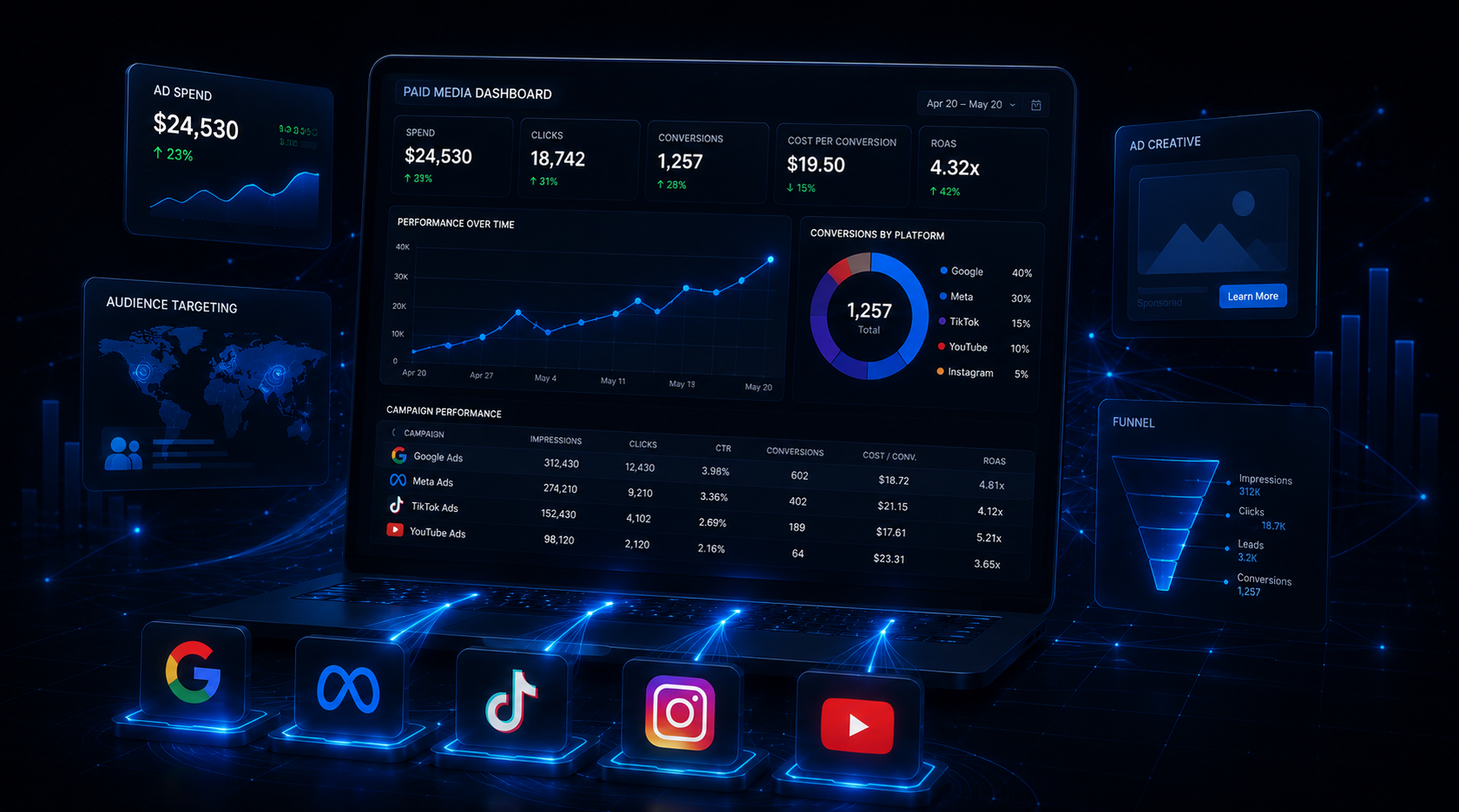 Milad Yousif paid media dashboard for Google Meta TikTok Instagram YouTube campaign performance conversions audience targeting and follow up